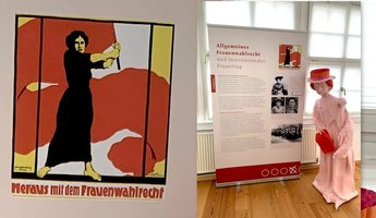 Pappmaché Figur Frau und Plakat