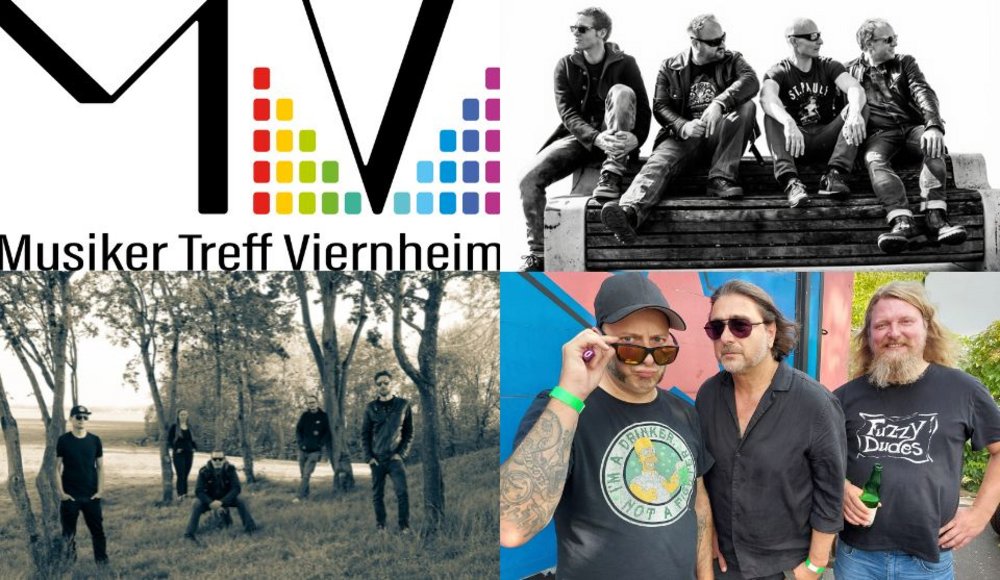 Collage zur Konzertankündigung des Musiker Treffs Viernheim (MTV). Oben links ist das schwarz-weiße MTV-Logo mit bunten Balken in Form eines Equalizers und dem Schriftzug „Musiker Treff Viernheim“ zu sehen. Die übrigen drei Bildbereiche zeigen verschiedene Musikgruppen: Oben rechts sitzen vier Männer in schwarzer Kleidung und Sonnenbrillen auf einer Holzbank. Unten links stehen fünf Personen auf einer Wiese zwischen Bäumen, das Foto ist in gedeckten Schwarz-Weiß-Tönen gehalten. Unten rechts posieren drei Männer vor einer bunten Wand. Einer trägt eine Kappe und hebt seine Sonnenbrille an, der Mann rechts hat lange blonde Haare und einen Vollbart.