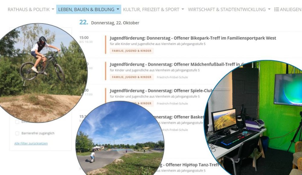 ollage zur Jugendförderung vor einem Veranstaltungskalender der Stadt Viernheim. Drei runde Fotos zeigen einen Jugendlichen beim Sprung mit einem Mountainbike, einen Skate- und Bikepark sowie einen Raum mit Computer- und Gaming-Ausstattung.